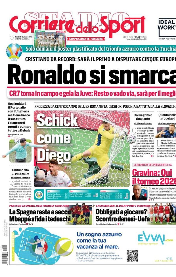 Prima Pagina, Corriere dello Sport: “Ronaldo si smarca. Schick come Diego”  Prima Pagina, Corriere dello Sport: “Ronaldo si smarca. Schick come Diego”