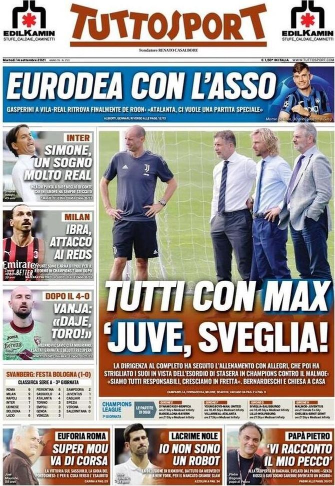 Prima Pagina, Tuttosport: “Tutti con Max, Juve sveglia! EuroDea con l’asso” Prima Pagina, Tuttosport: “Tutti con Max, Juve sveglia! EuroDea con l’asso”