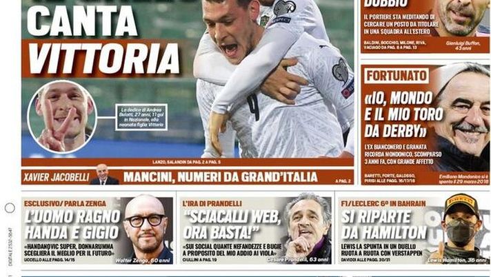 Tuttosport, la prima pagina di oggi, lunedì 29 marzo 2021 