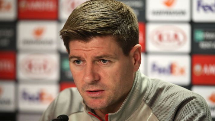 GLASGOW, SCOTLAND - MARCH 11: Rangers Manager Steven Gerrard is seen during a press conference ahead of the Europa League Round of Sixteen match against Bayer Leverkusen at Ibrox Stadium on March 11, 2020 in Glasgow, Scotland. (Photo by Ian MacNicol/Getty Images) 