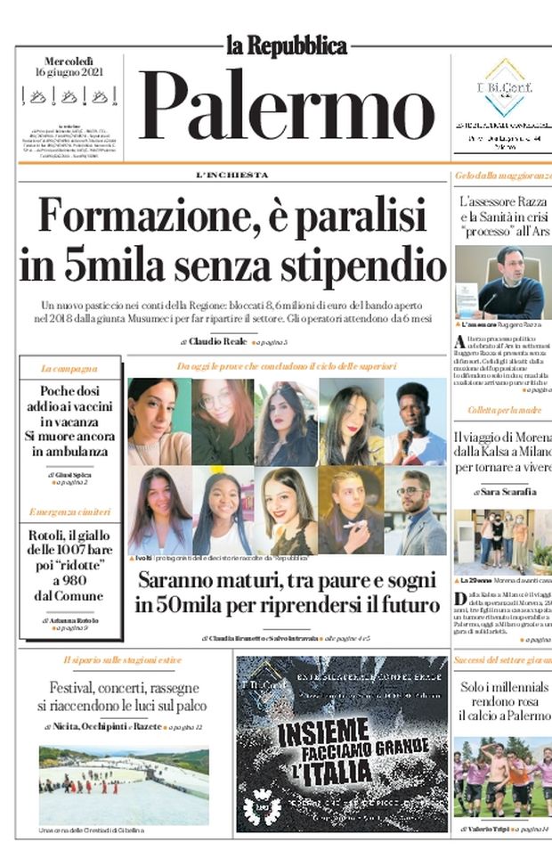 Prima Pagina, La Repubblica Palermo: “Tra paure e sogni, saranno maturi in 50mila” 