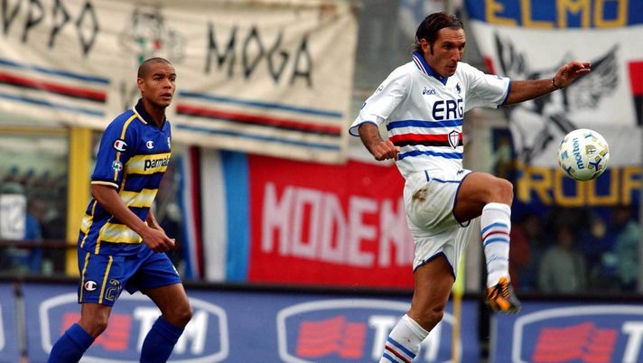 PARMA, ITALY - OCTOBER 5:   Matteo Ferrari of Parma and Fabio Bazzani of Sampdoria in action during the Serie A match between Parma and Sampdoria at the Tardinin Stadium October 5, 2003 in Parma, Italy.  (Photo by Getty Images)