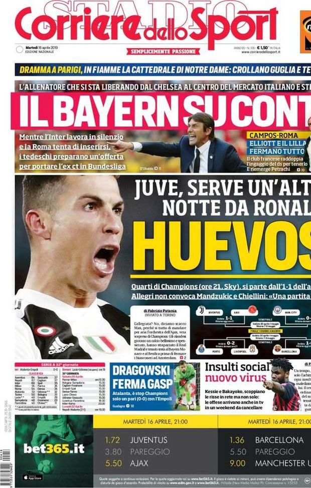 Prima Pagina, Corriere dello Sport: “Huevos! Il Bayern su Conte. Insulti social, nuovo virus” Prima Pagina, Corriere dello Sport: “Huevos! Il Bayern su Conte. Insulti social, nuovo virus”