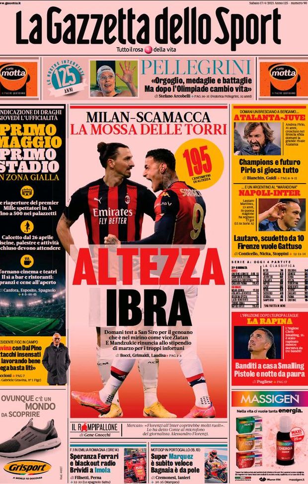 Prima Pagina, La Gazzetta dello Sport: “Altezza Ibra. Milan-Scamacca, la mossa delle torri&#8221; 