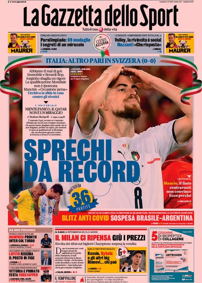 Prima Pagina, La Gazzetta dello Sport: “Sprechi da record! Abbiamo il mal di gol”  Prima Pagina, La Gazzetta dello Sport: “Sprechi da record! Abbiamo il mal di gol”
