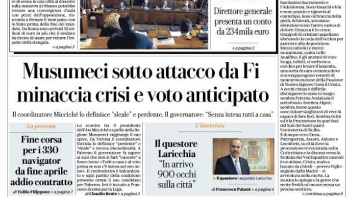 Prima Pagina, La Repubblica: “Musumeci sotto attacco. Ritocco all’Irpef per bilancio” prima pagina