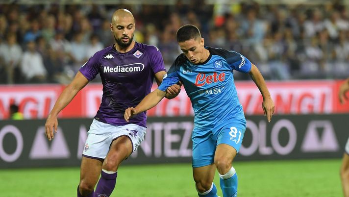 FLORENCE, ITALY - AUGUST 28: Giacomo Raspadori of Napoli during the Serie A match between ACF Fiorentina and SSC Napoli at Stadio Artemio Franchi on August 28, 2022 in Florence, Italy. (Photo by SSC NAPOLI/SSC NAPOLI via Getty Images) Fiorentina Napoli