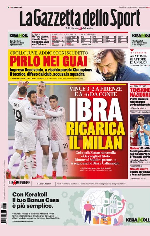 Prima Pagina, La Gazzetta dello Sport: “Ibra ricarica il Milan. Pirlo nei guai, il tecnico accusa la squadra” 