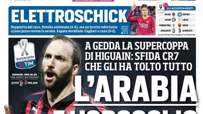 Prima Pagina, Corriere dello Sport: “L’Arabia e l’orgoglio. ElettroSchick. Urla razziste: ora è scontro…” 