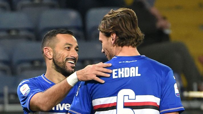 GENOA, ITALY - DECEMBER 01: Fabio Quagliarella of Sampdoria celebrates after goal 4-1 with Albin Ekdal during the Serie A match between UC Sampdoria and Bologna FC at Stadio Luigi Ferraris on December 2, 2018 in Genoa, Italy. (Photo by Paolo Rattini/Getty Images) Samp, ben sei assenze per Ranieri: a riposo Ekdal, Murru e Depaoli non sono pronti - immagine 1
