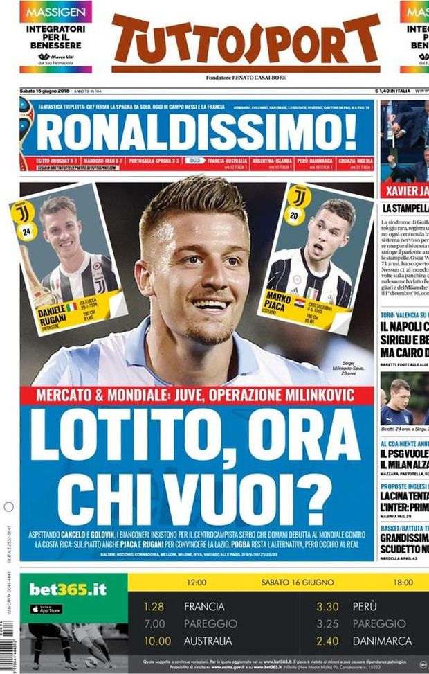 Prima Pagina, Tuttosport: “Lotito, ora chi vuoi? Ronaldissimo! Il Napoli chiama Sirigu e Belotti…” Prima Pagina, Tuttosport: “Lotito, ora chi vuoi? Ronaldissimo! Il Napoli chiama Sirigu e Belotti…”