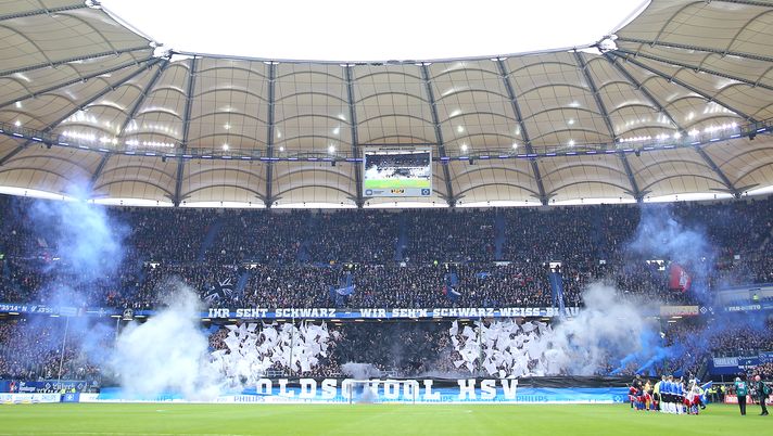 HAMBURG, GERMANY - FEBRUARY 08: Choreography with smoke grenades prior to the Second Bundesliga match between Hamburger SV and Karlsruher SC at Volksparkstadion on February 08, 2020 in Hamburg, Germany. (Photo by Cathrin Mueller/Bongarts/Getty Images) HAMBURG, GERMANY - FEBRUARY 08: Choreography with smoke grenades prior to the Second Bundesliga match between Hamburger SV and Karlsruher SC at Volksparkstadion on February 08, 2020 in Hamburg, Germany. (Photo by Cathrin Mueller/Bongarts/Getty Images)
