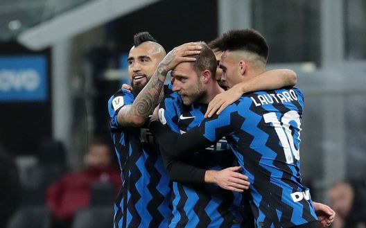 MILAN, ITALY - JANUARY 26: Christian Eriksen celebrates his goal with Arturo Vidal and Lautaro Martínez during the Coppa Italia match between FC Internazionale and AC Milan at Stadio Giuseppe Meazza on January 26, 2021 in Milan, Italy. Sporting stadiums around Italy remain under strict restrictions due to the Coronavirus Pandemic as Government social distancing laws prohibit fans inside venues resulting in games being played behind closed doors. (Photo by Emilio Andreoli - Inter/Inter via Getty Images) MILAN, ITALY - JANUARY 26: Christian Eriksen celebrates his goal with Arturo Vidal and Lautaro Martínez during the Coppa Italia match between FC Internazionale and AC Milan at Stadio Giuseppe Meazza on January 26, 2021 in Milan, Italy. Sporting stadiums around Italy remain under strict restrictions due to the Coronavirus Pandemic as Government social distancing laws prohibit fans inside venues resulting in games being played behind closed doors. (Photo by Emilio Andreoli - Inter/Inter via Getty Images)