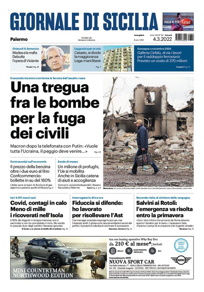 Prima Pagina, Giornale di Sicilia: “Una tregua fra le bombe per la fuga dei civili” - immagine 1