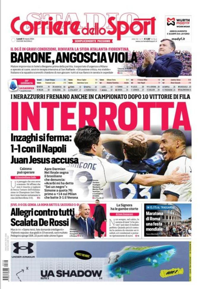 EDICOLA / CdS: Interrotta. Inter frena in Serie A dopo 10 vittorie di fila - immagine 1