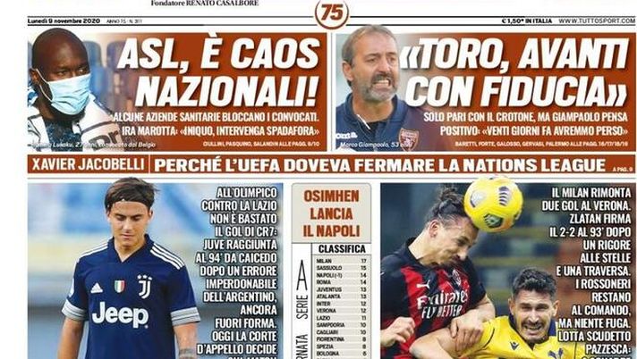 Tuttosport, la prima pagina di oggi, lunedì 9 novembre 2020 