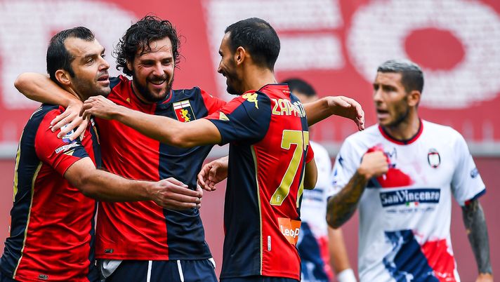 GENOA, ITALY - SEPTEMBER 20: Goran Pandev of Genoa (L) celebrates with his team-mate Mattia Destro and Davide Zappacosta after scoring a goal during the Serie A match between Genoa CFC and Fc Crotone at Stadio Luigi Ferraris on September 20, 2020 in Genoa, Italy. (Photo by Paolo Rattini/Getty Images) GENOA, ITALY - SEPTEMBER 20: Goran Pandev of Genoa (L) celebrates with his team-mate Mattia Destro and Davide Zappacosta after scoring a goal during the Serie A match between Genoa CFC and Fc Crotone at Stadio Luigi Ferraris on September 20, 2020 in Genoa, Italy. (Photo by Paolo Rattini/Getty Images)