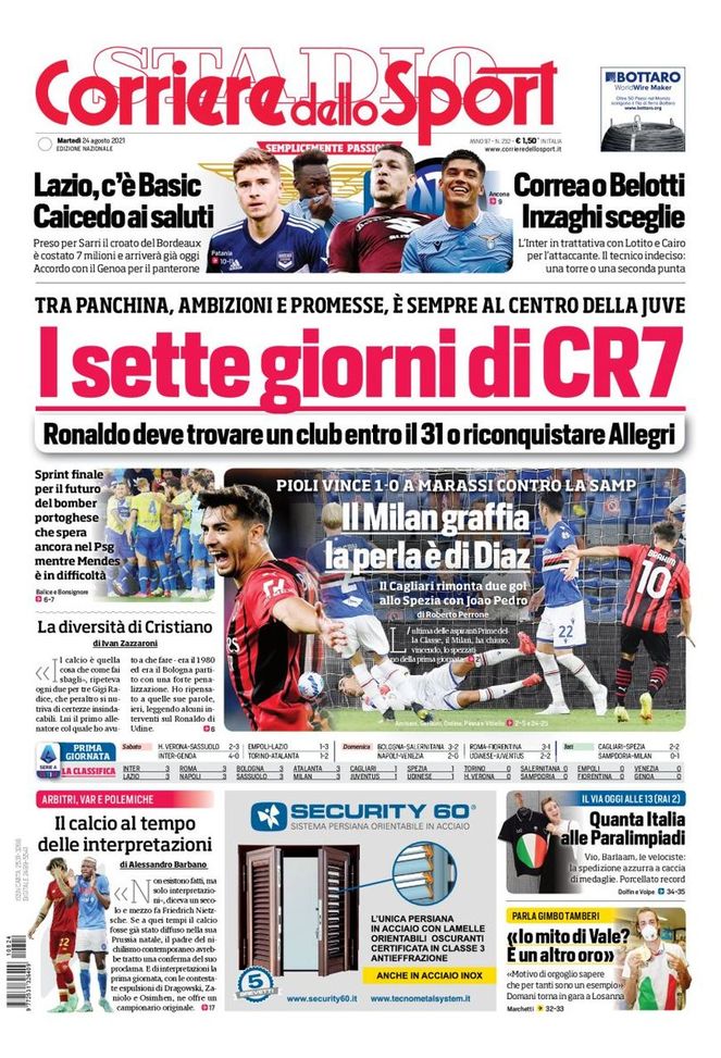 Prima Pagina, Corriere dello Sport: “I sette giorni di CR7. Inter, Correa o Belotti” 