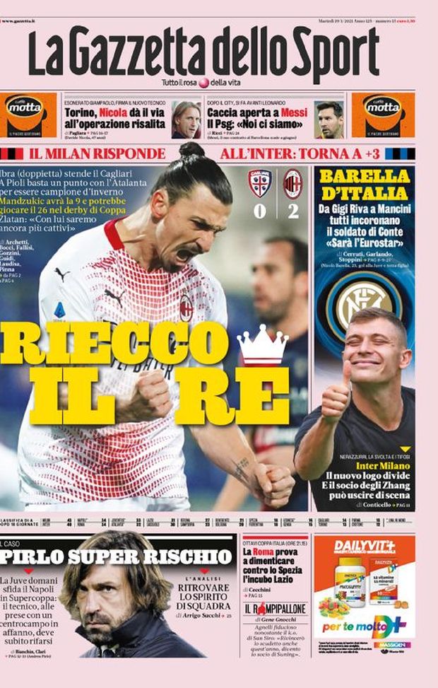 Prima Pagina, La Gazzetta dello Sport: “Riecco il re. Barella d’Italia. Pirlo super rischio” Prima Pagina, La Gazzetta dello Sport: “Riecco il re. Barella d’Italia. Pirlo super rischio”