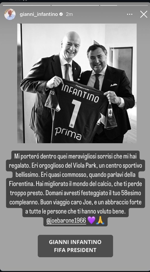 Infantino: “Hai migliorato il mondo del calcio. Eri orgoglioso del Viola Park” - immagine 1