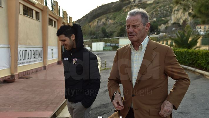 PALERMO, ITALY - DECEMBER 12:  US Citta di Palermo owner Maurizio Zamparini (R) and Team Manager Vincenzo Todaro look on at Carmelo Onorato training center on December 12, 2017 in Palermo, Italy.  (Photo by Tullio M. Puglia/Getty Images) 