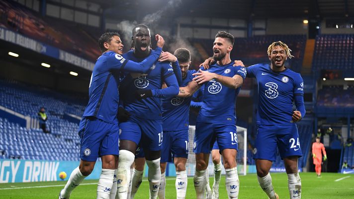 LONDON, ENGLAND - DECEMBER 05: Kurt Zouma of Chelsea celebrates with teammates Thiago Silva, Christian Pulisic, Olivier Giroud and Reece James after scoring their team's second goal during the Premier League match between Chelsea and Leeds United at Stamford Bridge on December 05, 2020 in London, England. A limited number of fans are welcomed back to stadiums to watch elite football across England. This was following easing of restrictions on spectators in tiers one and two areas only. (Photo by Mike Hewitt/Getty Images) LONDON, ENGLAND - DECEMBER 05: Kurt Zouma of Chelsea celebrates with teammates Thiago Silva, Christian Pulisic, Olivier Giroud and Reece James after scoring their team's second goal during the Premier League match between Chelsea and Leeds United at Stamford Bridge on December 05, 2020 in London, England. A limited number of fans are welcomed back to stadiums to watch elite football across England. This was following easing of restrictions on spectators in tiers one and two areas only. (Photo by Mike Hewitt/Getty Images)