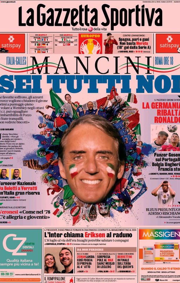 Prima Pagina, La Gazzetta dello Sport: “Mancini sei tutti noi” 