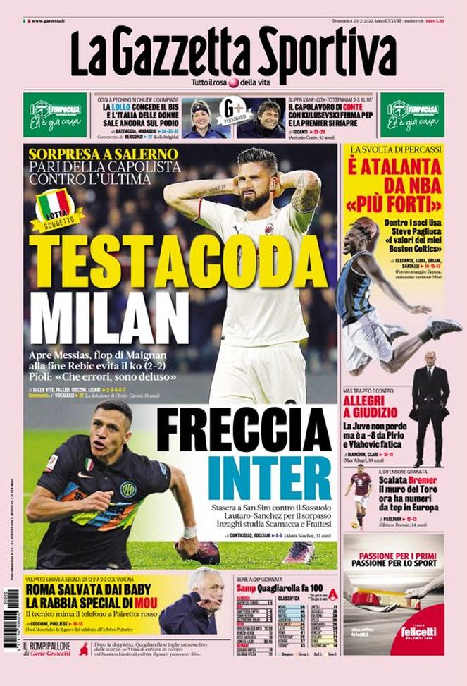Prima Pagina, La Gazzetta dello Sport: “Testacoda Milan. Freccia Inter”  Prima Pagina, La Gazzetta dello Sport: “Testacoda Milan. Freccia Inter” - immagine 1