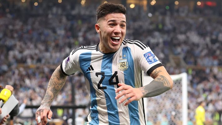 LUSAIL CITY, QATAR - DECEMBER 18: Enzo Fernandez of Argentina celebrates the team's third goal scored by Lionel Messi during the FIFA World Cup Qatar 2022 Final match between Argentina and France at Lusail Stadium on December 18, 2022 in Lusail City, Qatar. (Photo by Julian Finney/Getty Images) Enzo Fernandez