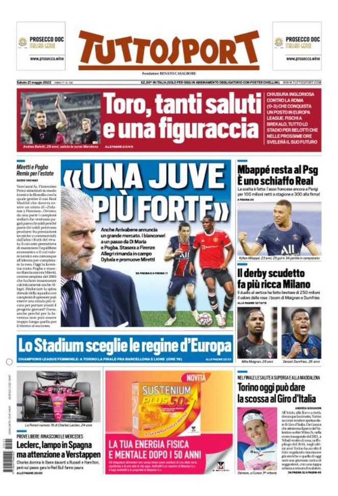 Tuttosport, la prima pagina di oggi, sabato 21 maggio 2022