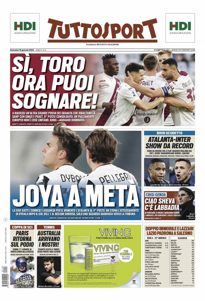 Prima Pagina, Tuttosport: “Joya a metà. Sì, Toro ora puoi sognare!”  Prima Pagina, Tuttosport: “Joya a metà. Sì, Toro ora puoi sognare!” - immagine 1