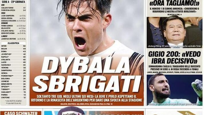 Prima Pagina, Tuttosport: “La Juve ha bisogno di Joya. Dybala sbrigati! Zhang gelo Inter, adesso tagliamo. Gigio 200: “Vedo Ibra decisivo” Prima Pagina, Tuttosport: “La Juve ha bisogno di Joya. Dybala sbrigati! Zhang gelo Inter, adesso tagliamo. Gigio 200: “Vedo Ibra decisivo”