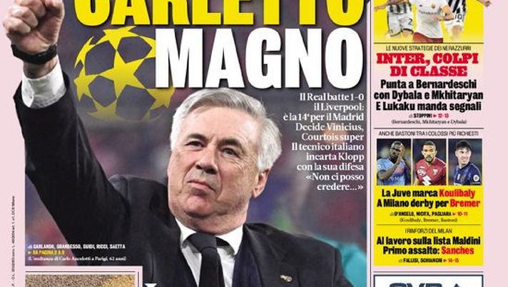 Prima Pagina, La Gazzetta dello Sport: “Carletto Magno. Inter, colpi di classe” - immagine 1