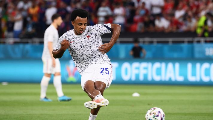 BUDAPEST, HUNGARY - JUNE 23: Jules Kounde of France shoots during the warm up prior to the UEFA Euro 2020 Championship Group F match between Portugal and France at Puskas Arena on June 23, 2021 in Budapest, Hungary. (Photo by Franck Fife - Pool/Getty Images) 