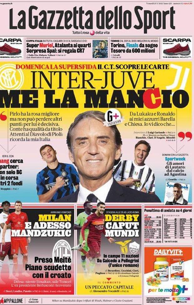  La Gazzetta dello Sport, la prima pagina di oggi, venerdì 15 gennaio 2021 