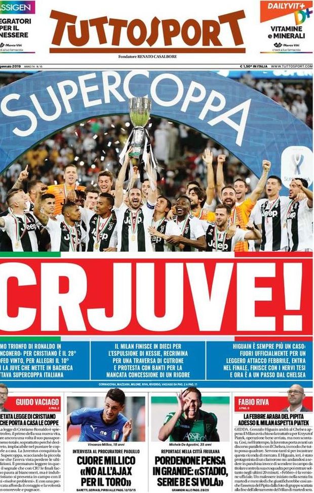 Prima Pagina, Tuttosport: &#8220;CRJuve! Higuain è sempre più un caso. Cuore Millico&#8230;&#8221; 