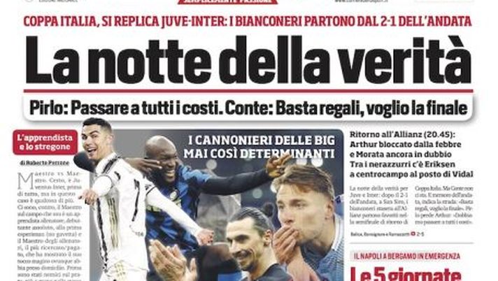 Prima Pagina, Corriere dello Sport: “La notte della verità. La sfida dei bomber decide lo scudetto”  Prima Pagina, Corriere dello Sport: “La notte della verità. La sfida dei bomber decide lo scudetto”