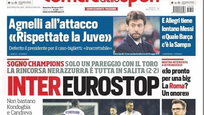 Prima Pagina, Corriere dello Sport: “Inter Eurostop, rincorsa tutta in salita. L’Italia di Ventura ora è più giovane” Prima Pagina, Corriere dello Sport: “Inter Eurostop, rincorsa tutta in salita. L’Italia di Ventura ora è più giovane”