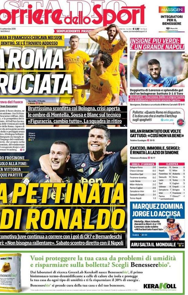 Prima Pagina, Corriere dello Sport: “La pettinata di Ronaldo. La Roma bruciata. Insigne più Verdi, grande Napoli…” Prima Pagina, Corriere dello Sport: “La pettinata di Ronaldo. La Roma bruciata. Insigne più Verdi, grande Napoli…”