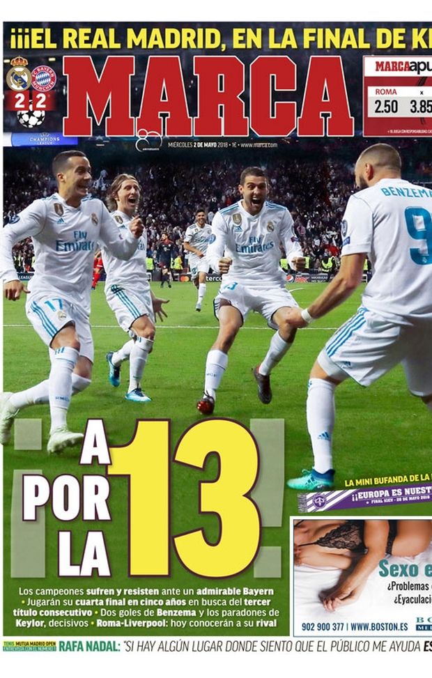 Prima Pagina, Marca: “Verso la tredicesima, Real Madrid in finale! Roma-Liverpool: oggi sapranno la loro rivale…” Prima Pagina, Marca: “Verso la tredicesima, Real Madrid in finale! Roma-Liverpool: oggi sapranno la loro rivale…”