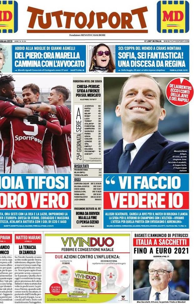 Prima Pagina, Tuttosport: “Toro vero. Allegri: ‘Vi faccio vedere io’. Roma da brividi. Chiesa-Perisic…” Prima Pagina, Tuttosport: “Toro vero. Allegri: ‘Vi faccio vedere io’. Roma da brividi. Chiesa-Perisic…”