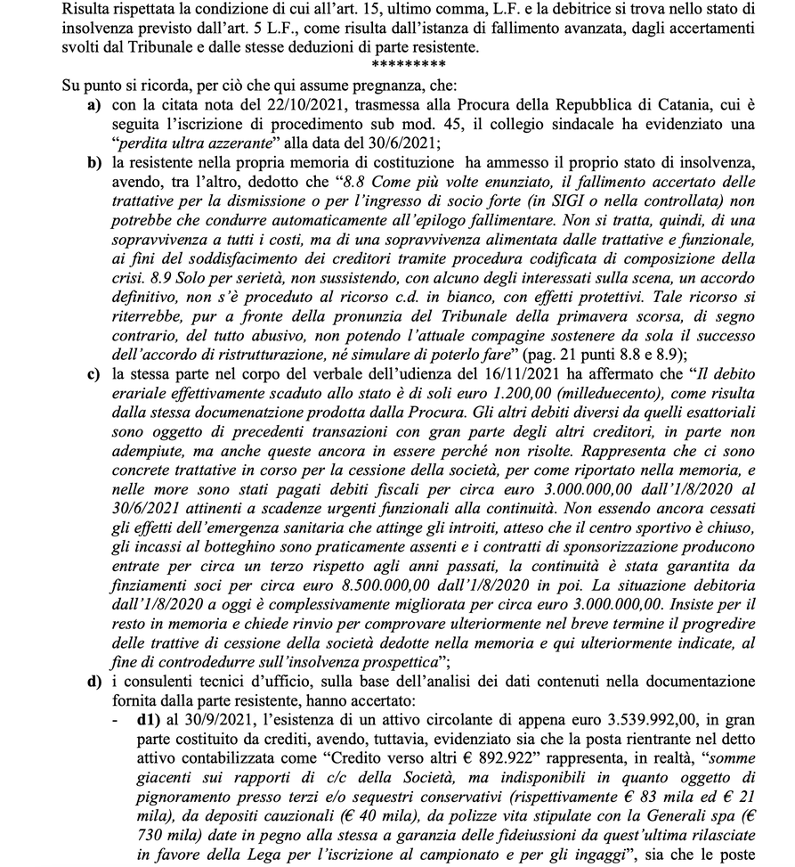 Fallimento Catania ecco la sentenza integrale del Tribunale ITA