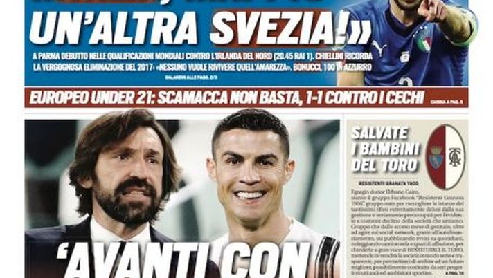 Prima Pagina, Tuttosport: “Avanti con Pirlo e CR7. Italia, mai più un’altra Svezia!” 