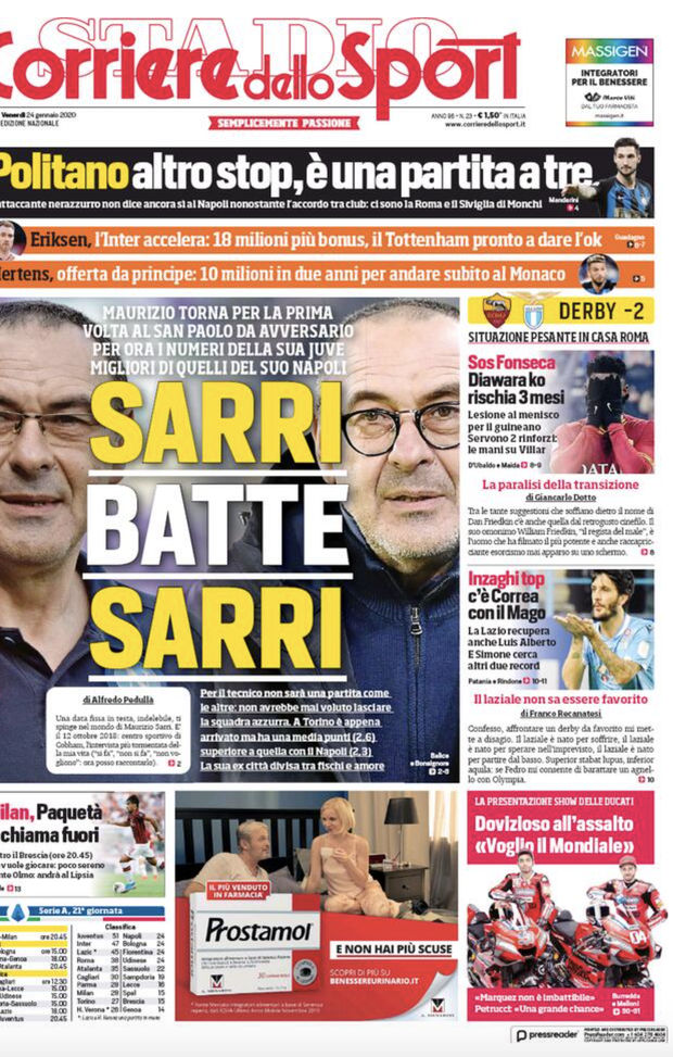 LE PRIME PAGINE DEI QUOTIDIANI SPORTIVI DEL 24.1