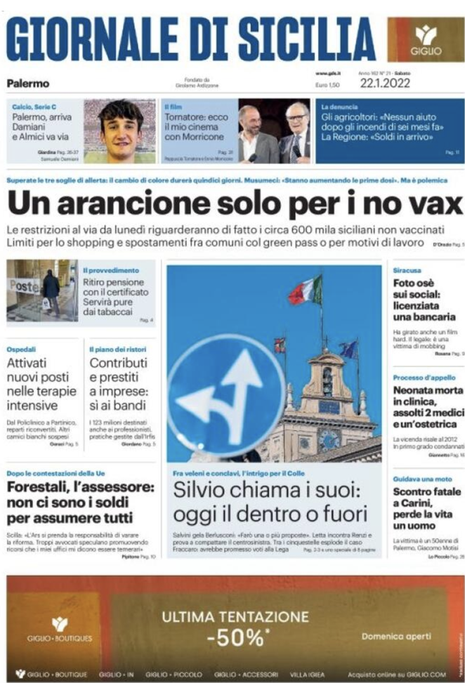 Prima Pagina, Giornale di Sicilia: “Arancione per i no vax. Palermo arriva Damiani”  prima pagina