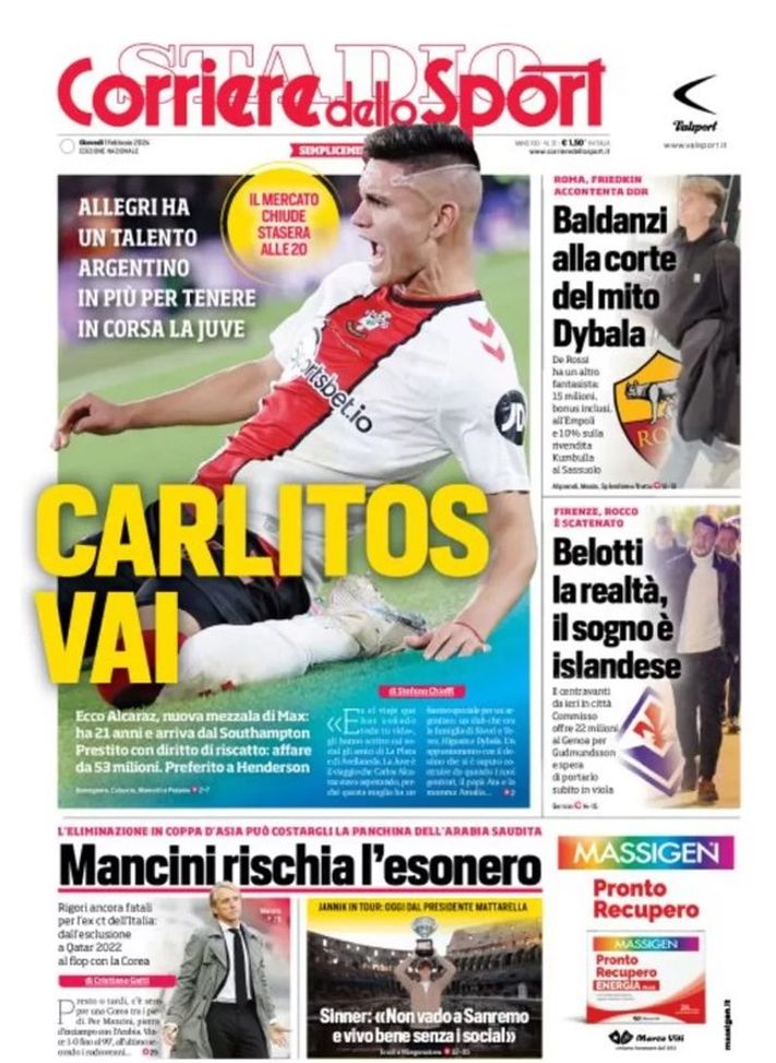 EDICOLA / CdS: Alcaraz per tenere in corsa la Juve. Arabia, Mancini rischia esonero - immagine 1