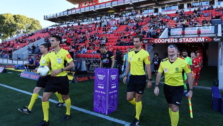 ADELAIDE, AUSTRALIA - MARCH 15: Referees head onto the field during the round 23 A-League match between Adelaide United and the Newcastle Jets at Coopers Stadium on March 15, 2020 in Adelaide, Australia. (Photo by Mark Brake/Getty Images) ADELAIDE, AUSTRALIA - MARCH 15: Referees head onto the field during the round 23 A-League match between Adelaide United and the Newcastle Jets at Coopers Stadium on March 15, 2020 in Adelaide, Australia. (Photo by Mark Brake/Getty Images)