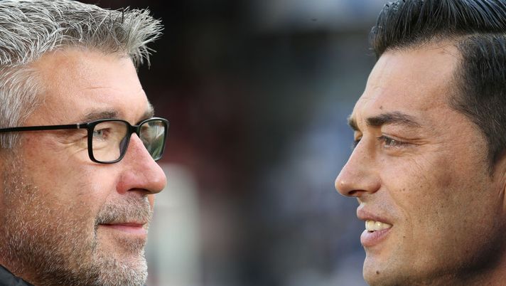 FILE PHOTO (EDITORS NOTE: COMPOSITE OF IMAGES - Image numbers 1176889482,1178221941 - GRADIENT ADDED) In this composite image a comparison has been made between Head Coach Urs Fischer of 1. FC Union Berlin (L) and Head Coach Ante Covic of Hertha BSC. 1. FC Union Berlin and Hertha BSC meet in the Berlin derby on November 2,2019 at the Stadion An der Alten Foersterei in Berlin,Germany. ***LEFT IMAGE*** BERLIN, GERMANY - OCTOBER 19: Head coach Urs Fischer of Berlin looks on prior to the Bundesliga match between 1. FC Union Berlin and Sport-Club Freiburg at Stadion An der Alten Foersterei on October 19, 2019 in Berlin, Germany. (Photo by Matthias Kern/Bongarts/Getty Images) ***RIGHT IMAGE*** BERLIN, GERMANY - OCTOBER 26: Head coach Ante Covic of Berlin looks on prior to the Bundesliga match between Hertha BSC and TSG 1899 Hoffenheim at Olympiastadion on October 26, 2019 in Berlin, Germany. (Photo by Matthias Kern/Bongarts/Getty Images) FILE PHOTO (EDITORS NOTE: COMPOSITE OF IMAGES - Image numbers 1176889482,1178221941 - GRADIENT ADDED) In this composite image a comparison has been made between Head Coach Urs Fischer of 1. FC Union Berlin (L) and Head Coach Ante Covic of Hertha BSC. 1. FC Union Berlin and Hertha BSC meet in the Berlin derby on November 2,2019 at the Stadion An der Alten Foersterei in Berlin,Germany. ***LEFT IMAGE*** BERLIN, GERMANY - OCTOBER 19: Head coach Urs Fischer of Berlin looks on prior to the Bundesliga match between 1. FC Union Berlin and Sport-Club Freiburg at Stadion An der Alten Foersterei on October 19, 2019 in Berlin, Germany. (Photo by Matthias Kern/Bongarts/Getty Images) ***RIGHT IMAGE*** BERLIN, GERMANY - OCTOBER 26: Head coach Ante Covic of Berlin looks on prior to the Bundesliga match between Hertha BSC and TSG 1899 Hoffenheim at Olympiastadion on October 26, 2019 in Berlin, Germany. (Photo by Matthias Kern/Bongarts/Getty Images)