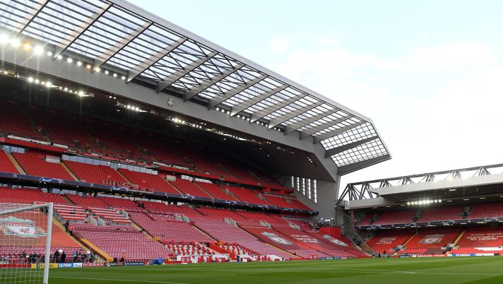 LIVERPOOL, ENGLAND - APRIL 14: A general view inside the stadium prior to the UEFA Champions League Quarter Final Second Leg match between Liverpool FC and Real Madrid at Anfield on April 14, 2021 in Liverpool, England. Sporting stadiums around the UK remain under strict restrictions due to the Coronavirus Pandemic as Government social distancing laws prohibit fans inside venues resulting in games being played behind closed doors. (Photo by Shaun Botterill/Getty Images) LIVERPOOL, ENGLAND - APRIL 14: A general view inside the stadium prior to the UEFA Champions League Quarter Final Second Leg match between Liverpool FC and Real Madrid at Anfield on April 14, 2021 in Liverpool, England. Sporting stadiums around the UK remain under strict restrictions due to the Coronavirus Pandemic as Government social distancing laws prohibit fans inside venues resulting in games being played behind closed doors. (Photo by Shaun Botterill/Getty Images)
