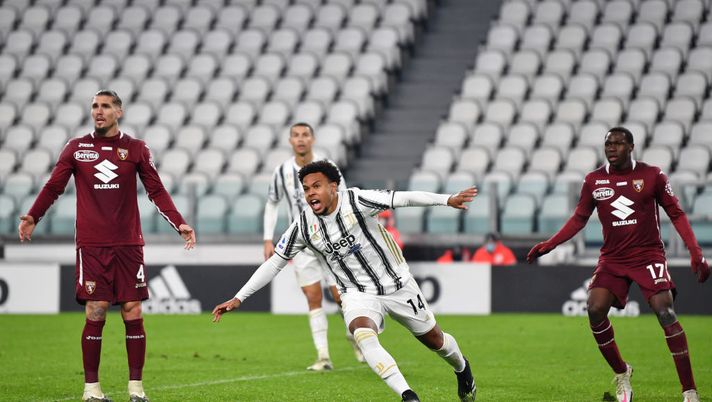 TURIN, ITALY - DECEMBER 05: Weston McKennie of Juventus celebrates after scoring his team's first goal during the Serie A match between Juventus and Torino FC at Allianz Stadium on December 05, 2020 in Turin, Italy. Football Stadiums around Italy remain empty due to the Coronavirus Pandemic as Government social distancing laws prohibit fans inside venues resulting in fixtures being played behind closed doors. (Photo by Valerio Pennicino/Getty Images) TURIN, ITALY - DECEMBER 05: Weston McKennie of Juventus celebrates after scoring his team's first goal during the Serie A match between Juventus and Torino FC at Allianz Stadium on December 05, 2020 in Turin, Italy. Football Stadiums around Italy remain empty due to the Coronavirus Pandemic as Government social distancing laws prohibit fans inside venues resulting in fixtures being played behind closed doors. (Photo by Valerio Pennicino/Getty Images)